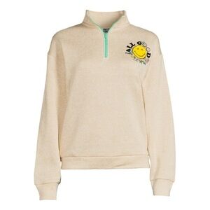 Smiley World Colorful Smiley Face Print Quarter-Zip Tan Sweatshirt Size Large